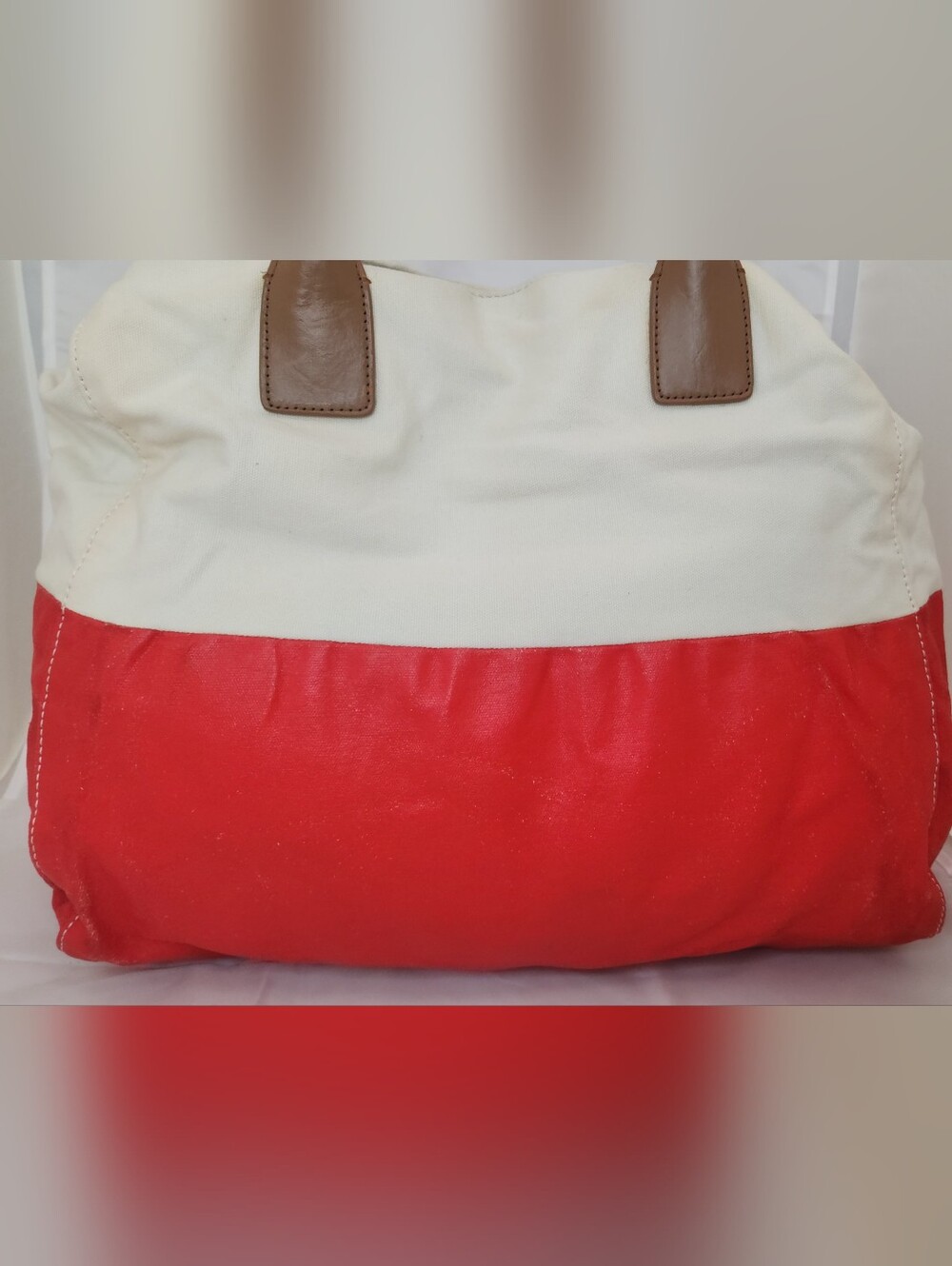 Tory Burch Cream and Red Canvas Tote with Tan Leather Trim Nearly PERCECT - Picture 12 of 13